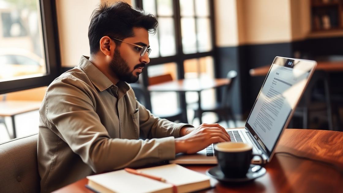Professional writing thoughtfully on a laptop in a cafe