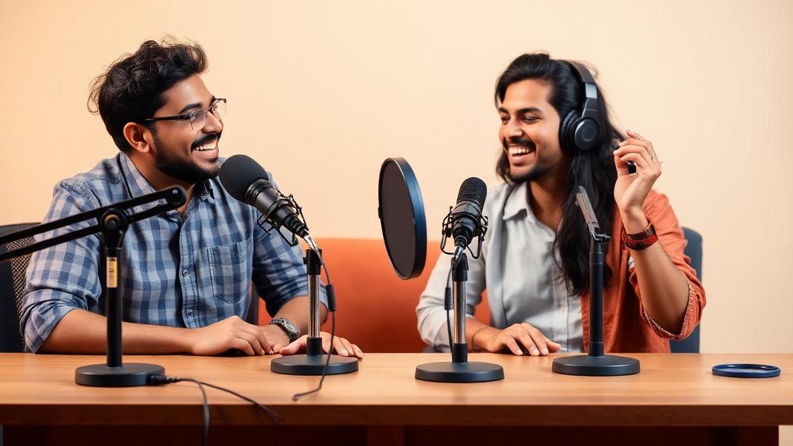 Two podcast hosts recording in a warm studio